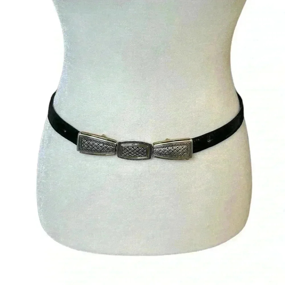 Brighton Reversible Black/Brown Skinny Belt w/ hook & eye two-tone gold/silver M